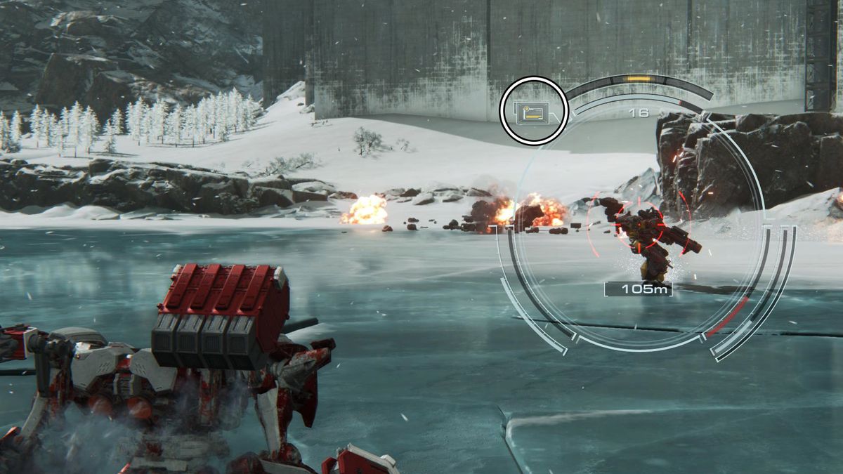 A mech targets a smaller mech standing on a frozen lake while hunting combat logs in Armored Core 6.