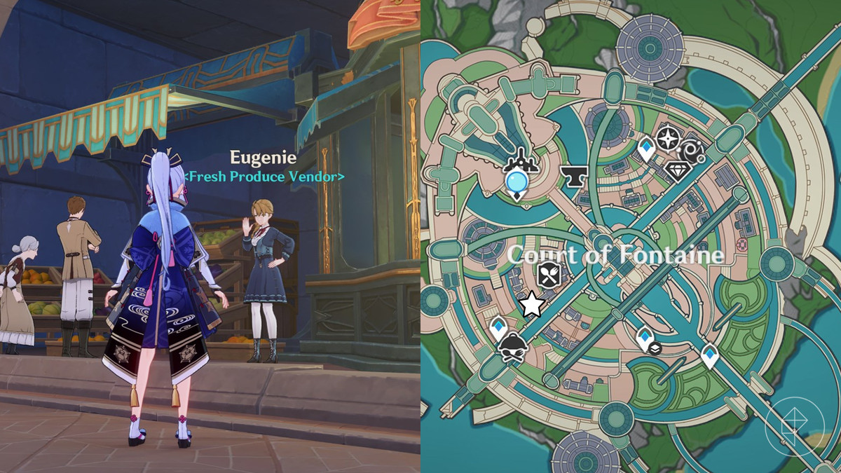 Location of Eugenie, an ingredient vendor, marked on the map of Fontaine in Genshin Impact.