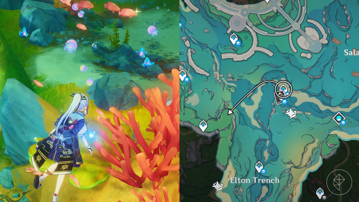 Condessence crystal route underwater marked on the map of Fontaine in Genshin Impact