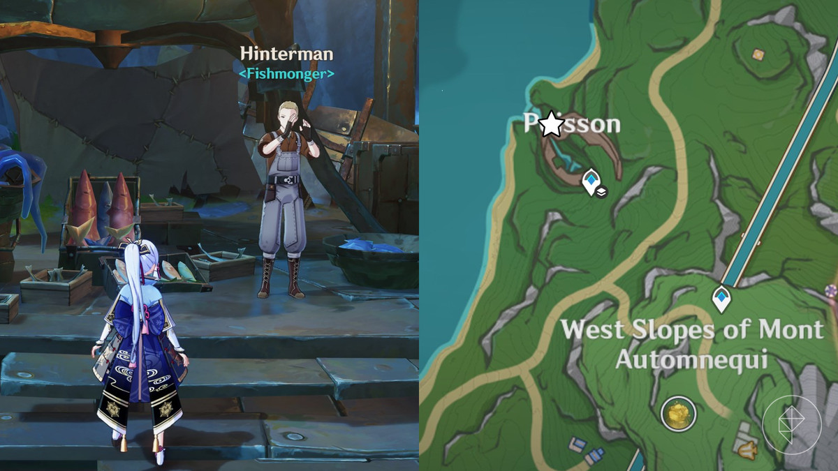 Location of Hinterman, a Fishmonger, marked on the map of Fontaine in Genshin Impact.