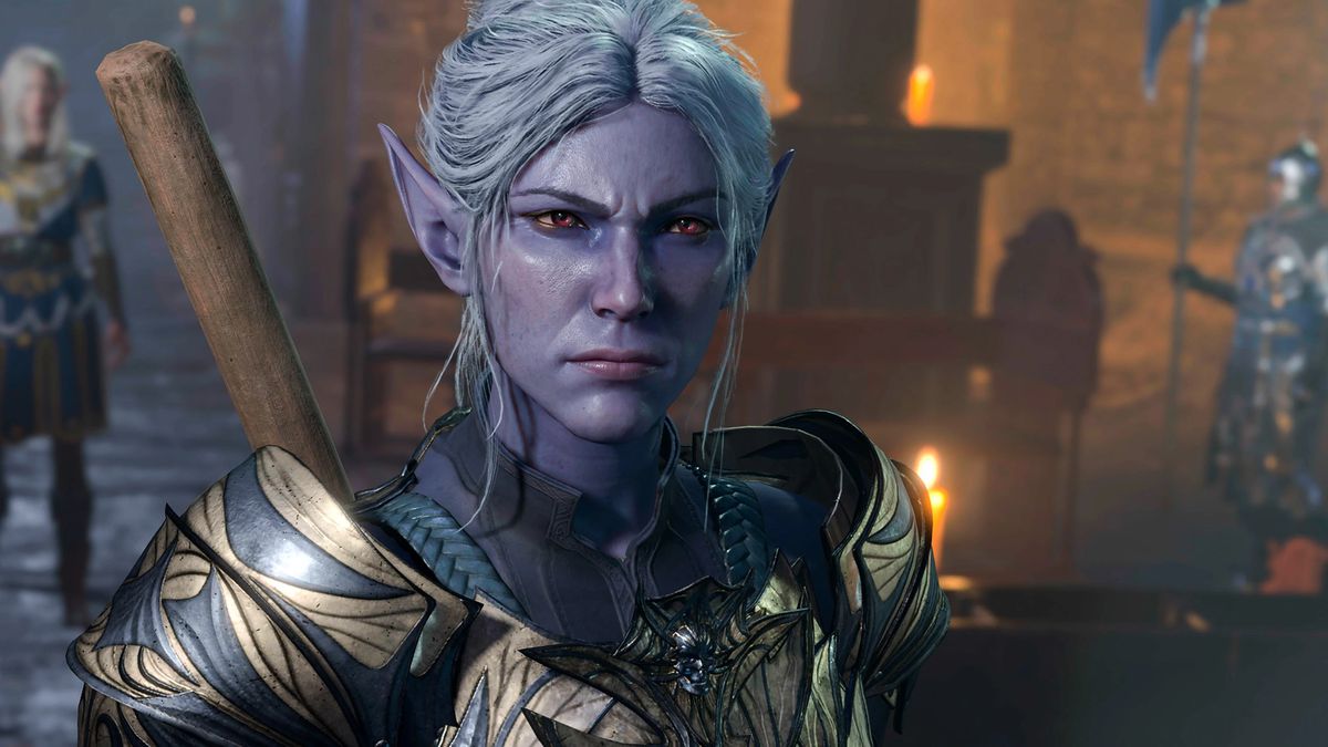 Minthara glares while standing in front of an illuminated castle in Baldur’s Gate 3.