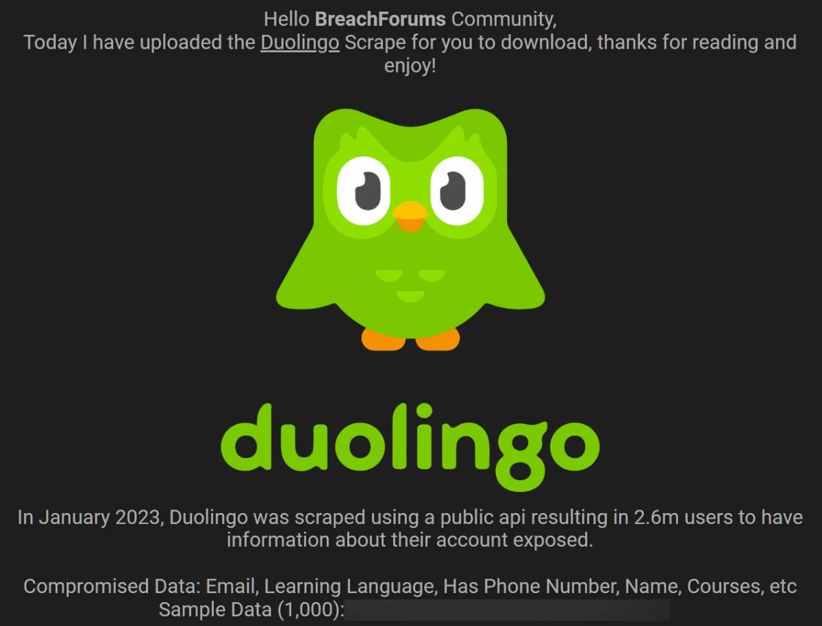 Duolingo data leak on hacker forum
