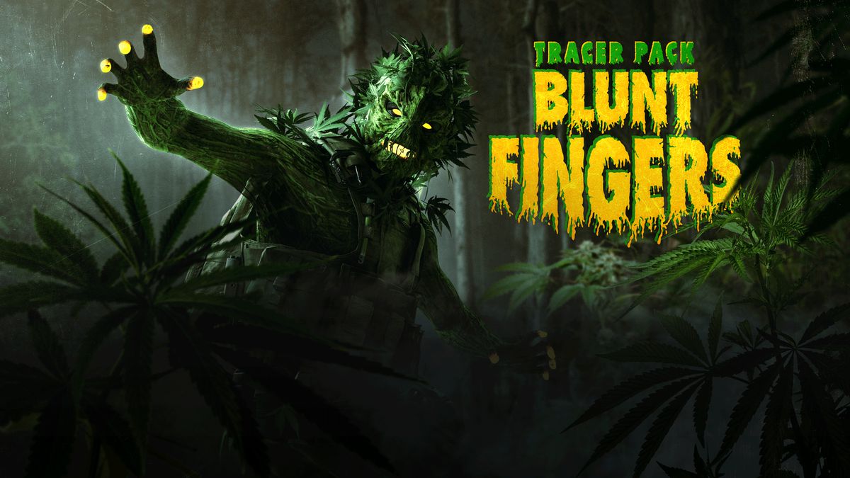 Artwork for the Blunt Finger Operator skin in Call of Duty Modern Warfare 2/Warzone, featuring a man composed entirely of pot leaf