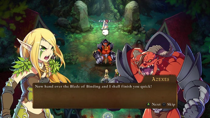 A dialogue screen in Clash of Heroes, the demon Azexes shouting: "Now hand over the blade of binding and I shall finish you quick!"