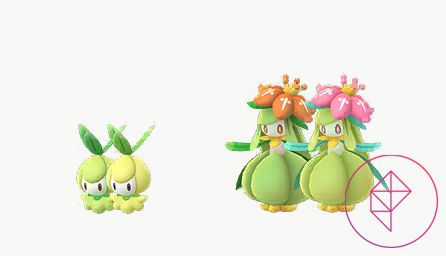 Shiny Petilil and Lilligant as seen in Pokémon Go. Shiny Petilil gets a yellow body and Shiny Lilligant turns a bit lighter in color with a pink flower.