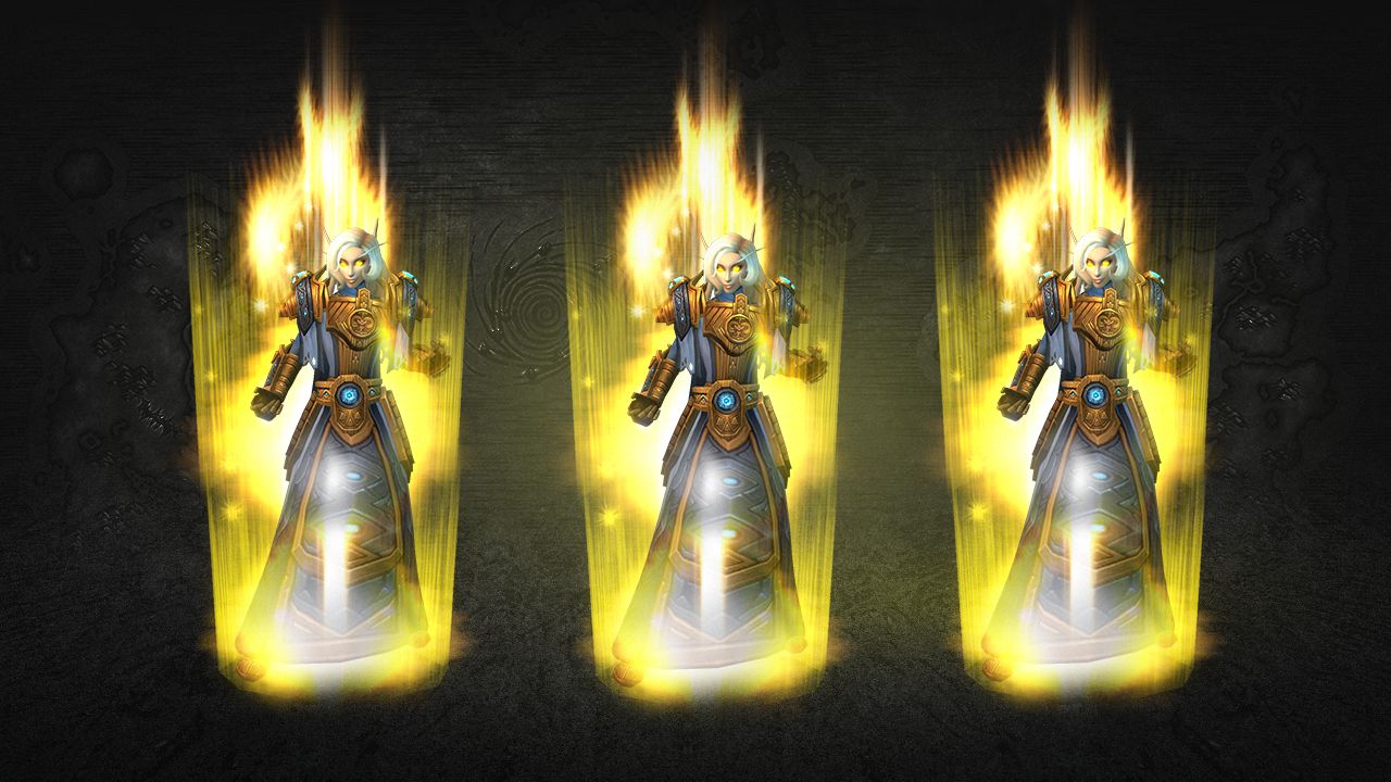 Three Blood Elves side by side with glowing gold beams around them