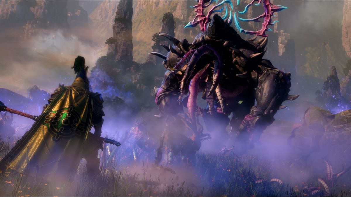 A Celestial General of Cathay faces off against a Mutalith Vortex Beast of Tzeentch in Total War: Warhammer 3 Shadows of Change