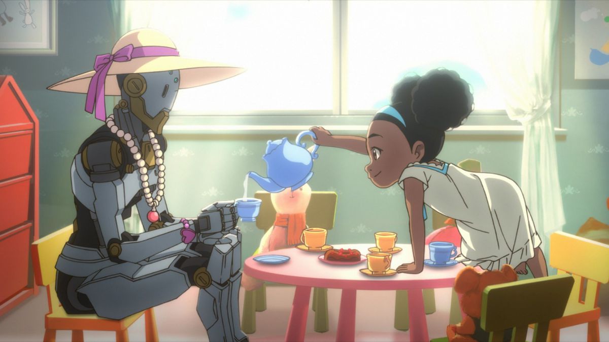 A young Aurora has a tea party with an omnic Ai in Overwatch: Genesis