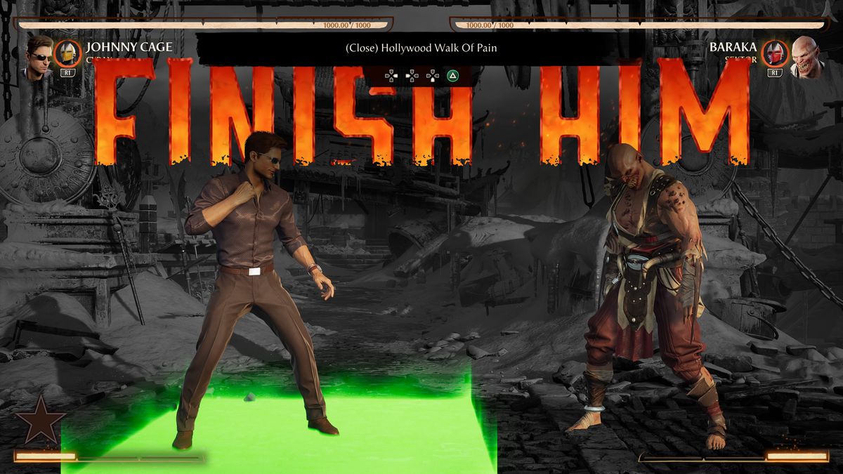 Johnny Cage squares off against Baraka with a “Finish Him” notification on screen