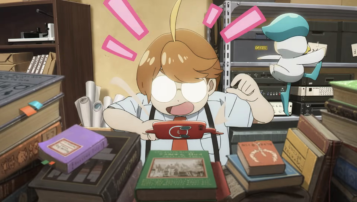 A screenshot of a boy from Paldean Winds, hunched over his desk and freaking out at his Pokedex with a pokemon dancing over his shoulder