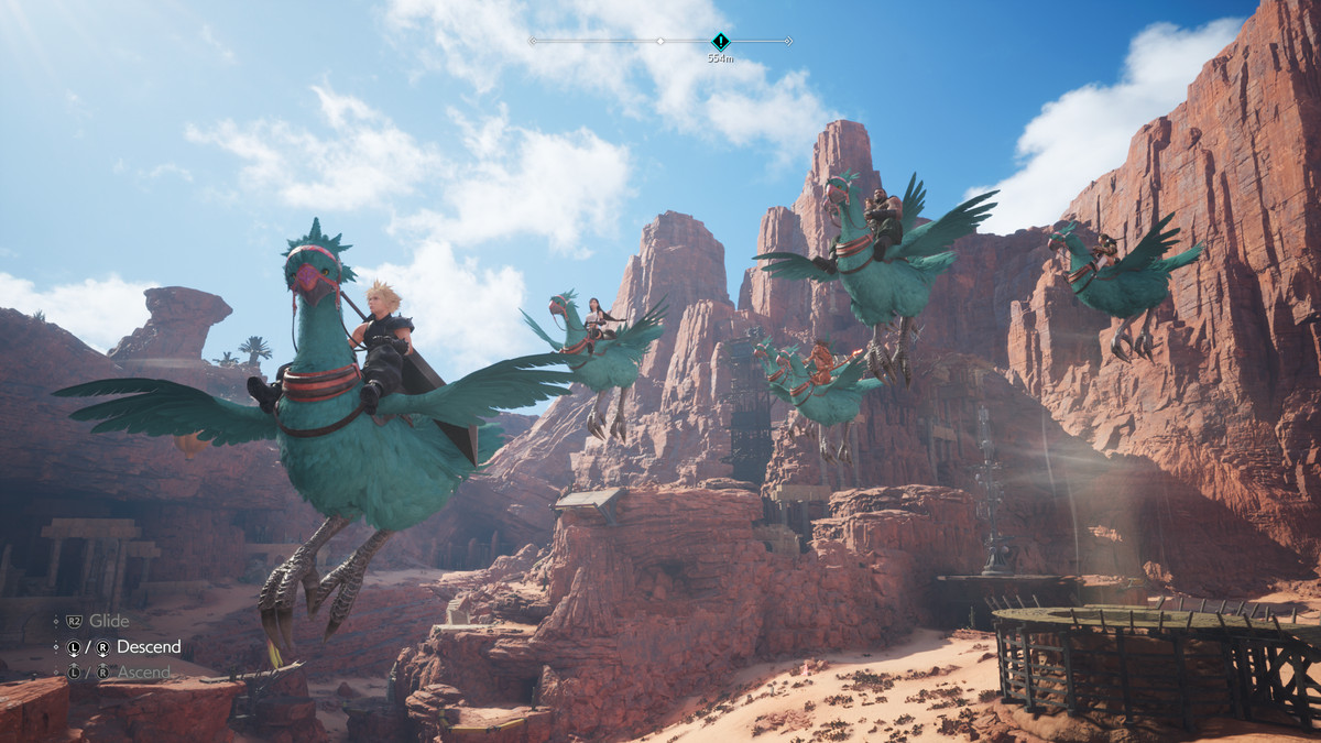 Cloud and friends fly through a canyon landscape on turquoise chocobos in Final Fantasy 7 Rebirth