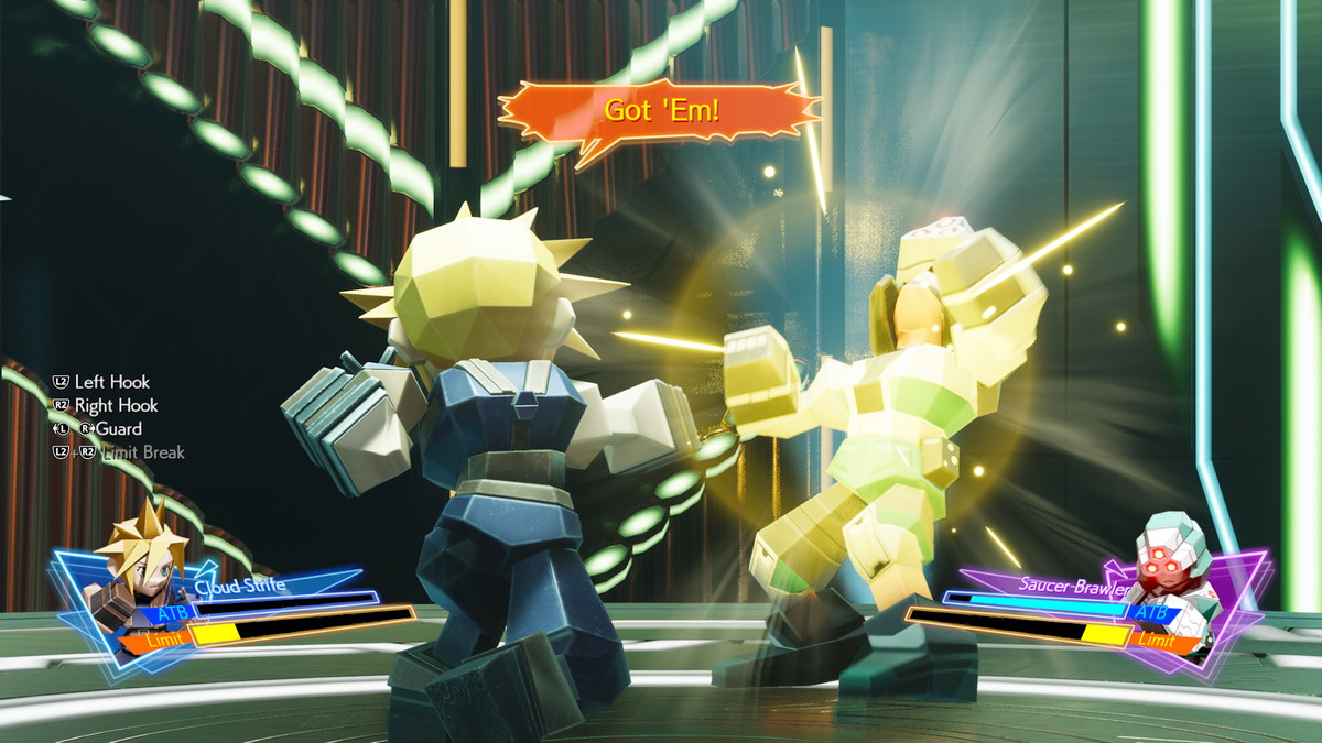 A chunky, low-poly Cloud battles a soldier in a fighting minigame in Final Fantasy 7 Rebirth