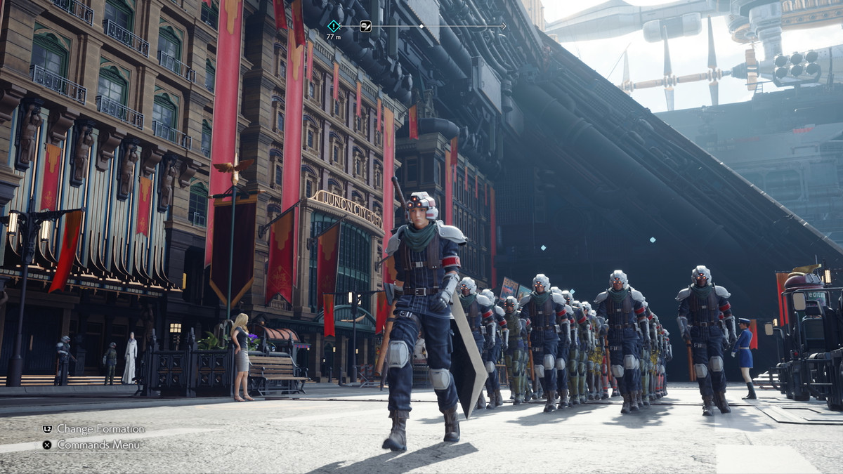 Cloud, in disguise in uniform, marches with a formation of soldiers in Final Fantasy 7 Rebirth