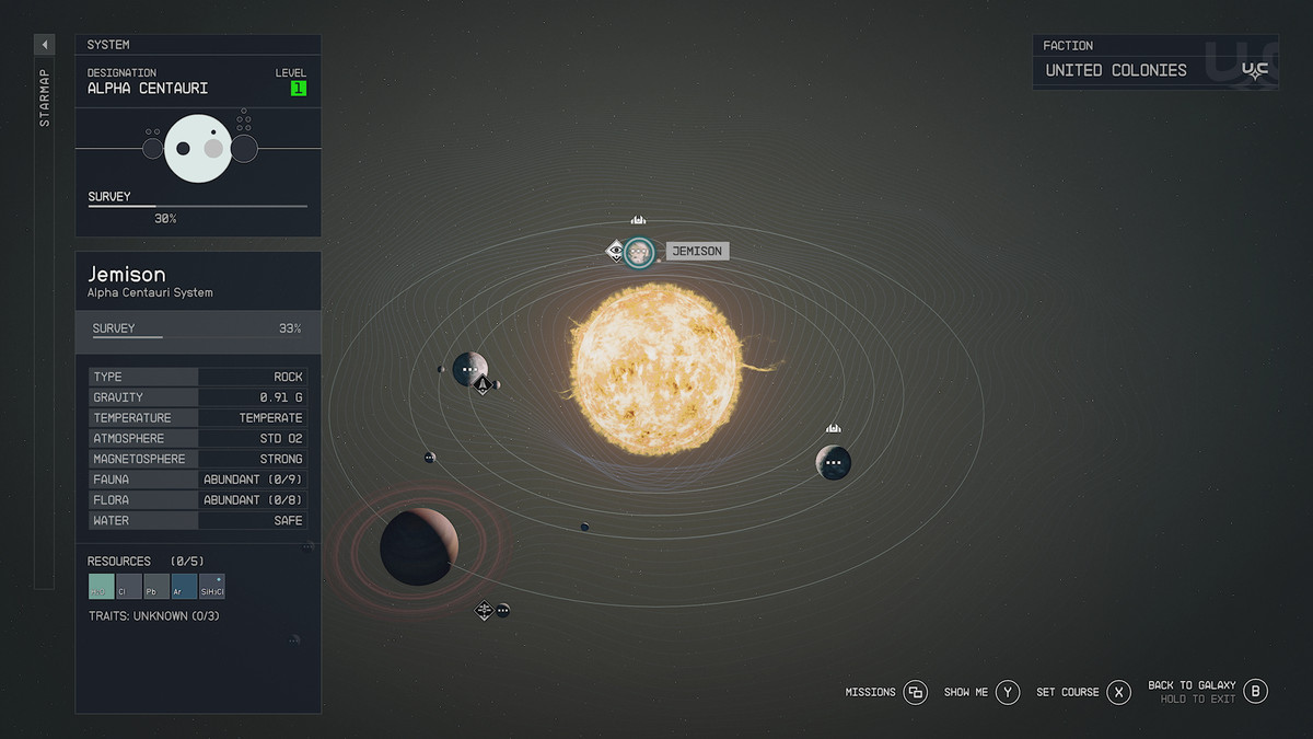 Starfield’s Starmap showing the Alpha Centauri system with four planets circling the star and information about planet Jemmison displayed in a panel on the left side