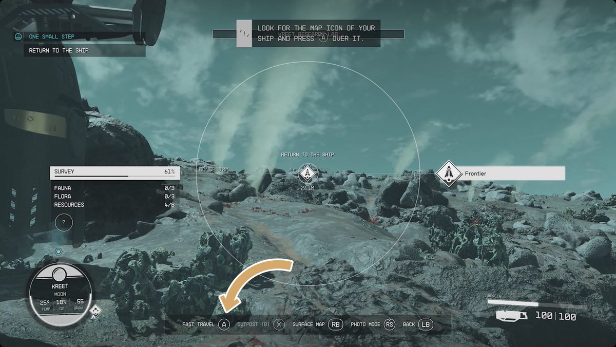 Starfield player standing on a rocky planet and using the handscanner to fast travel to the ship