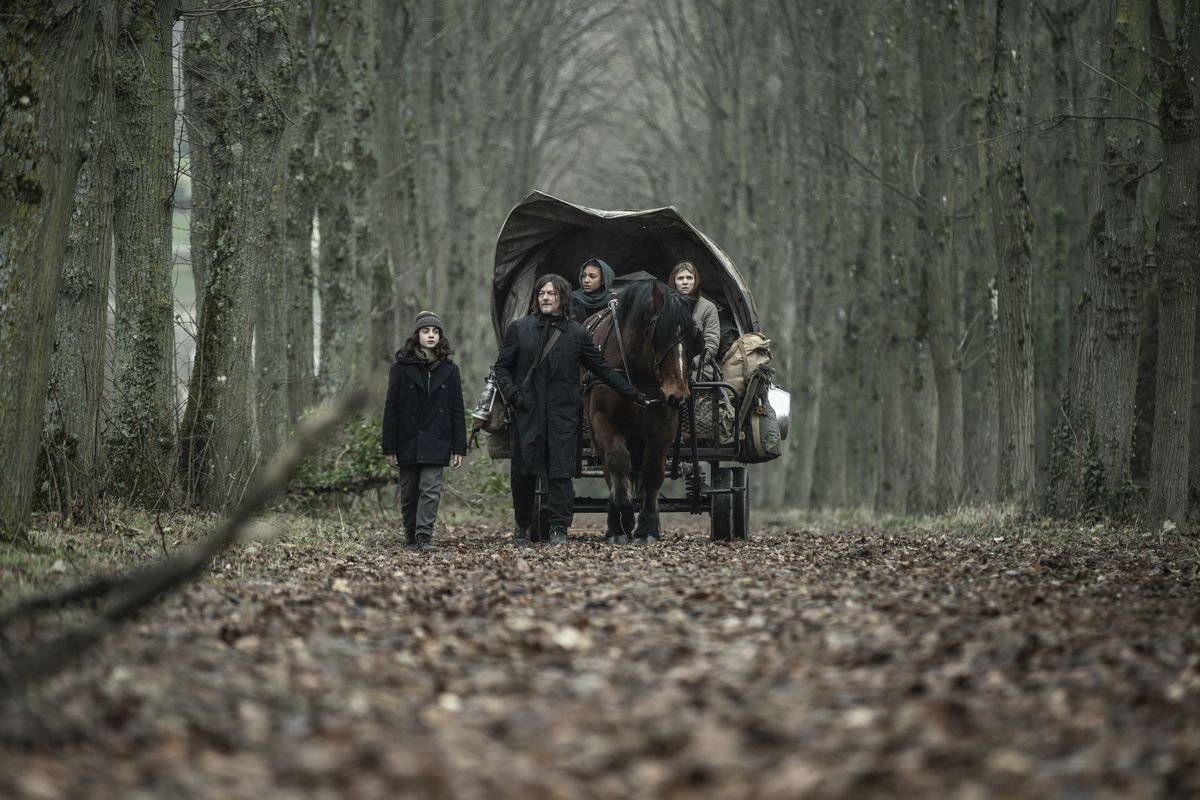 داریل دیکسون (نورمن ریدوس) با خانواده‌اش در جنگل فرانسه قدم می‌زند و اسبی را با واگن می‌کشد.