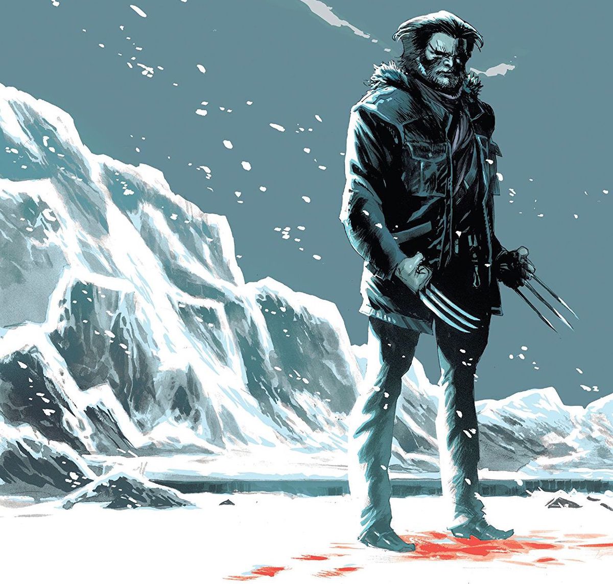 عکس Wolverine روی جلد Wolverine: The Long Night، با پنجه های بیرون و ایستاده روی برف خونین.