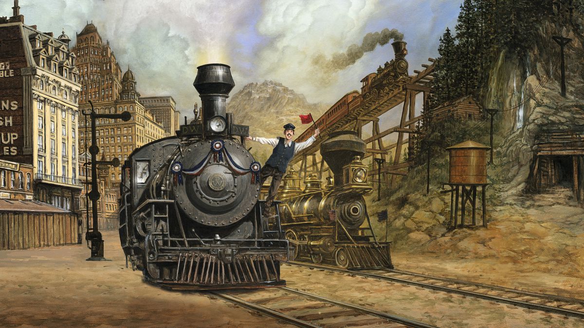 A conductor hangs from the side of a black steam locomotive, its boiler decked out in ribbons. Behind him is another, older model and in the far background an elevated line chugs along, over a turn-of-the-century cityscape.