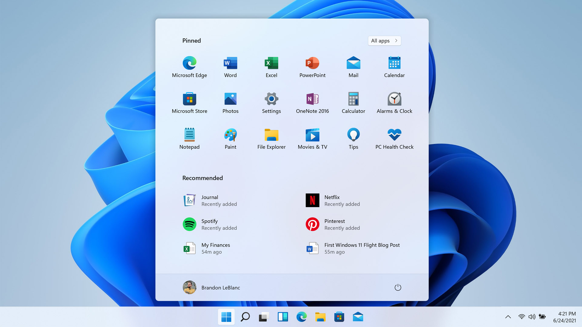 Windows 11 start menu screenshot