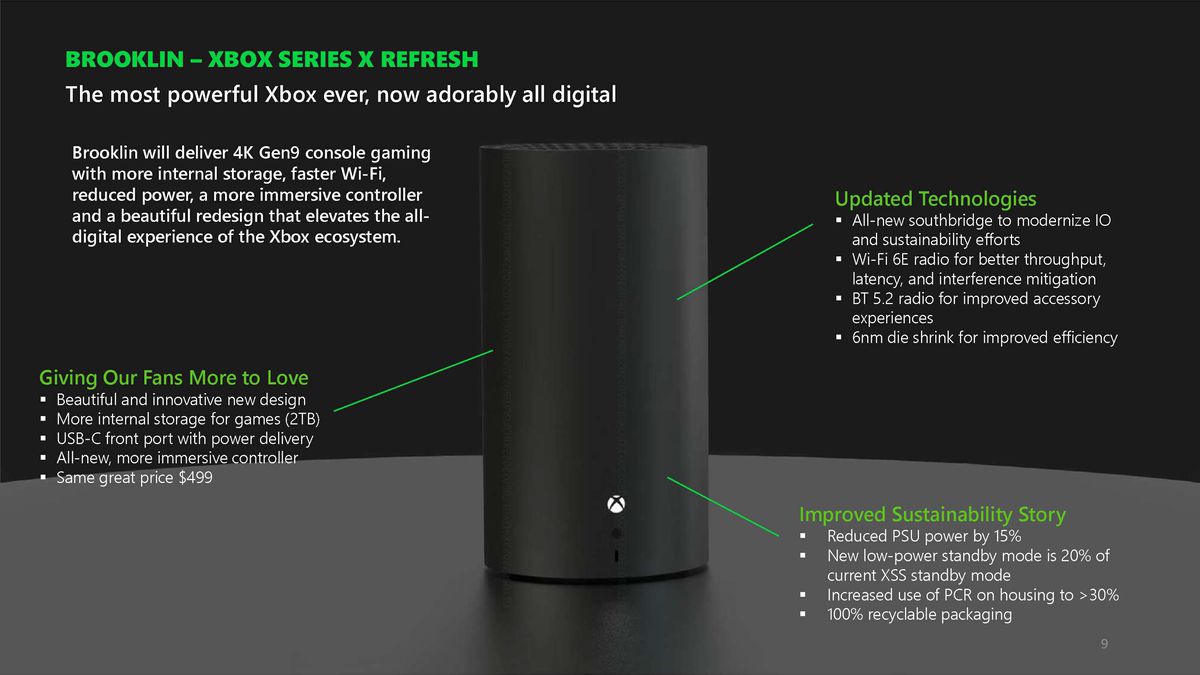 A black, upright, cylindrical redesign of the Xbox Series X console, codenamed “Brooklin,” annotated with notes about its features