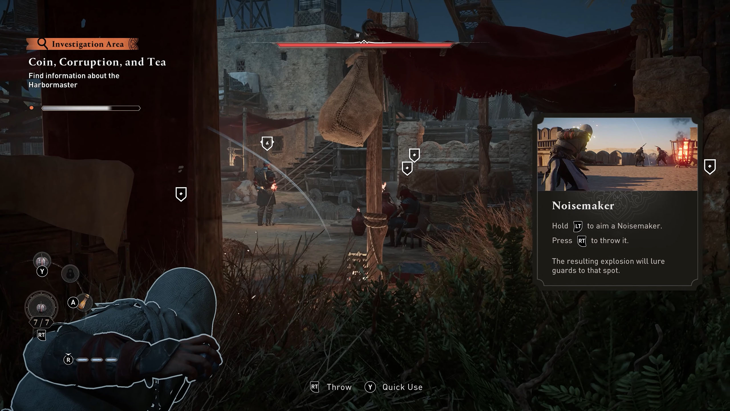 Assassin’s Creed Mirage ist ein Stealth-First-Spiel: Da wir eher Kutte denn Plattenpanzer tragen, halten wir nur wenige Schläge aus und müssen Wege finden Soldaten zu trennen, abzulenken oder einzeln auszuschalten.