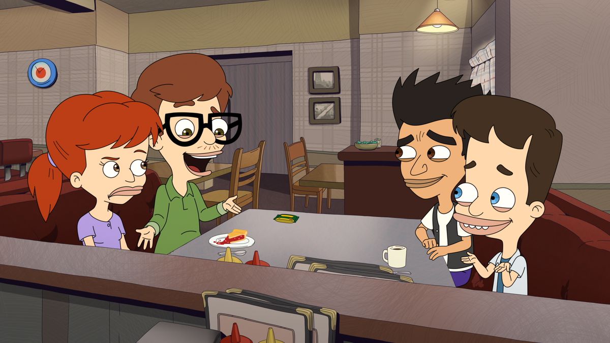 Four awkward adolescents sit around a table in Big Mouth.