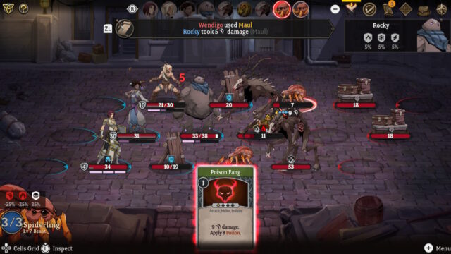 Screenshot of the game Gordian Quest - A spiderling is taking it's turn and playing the card 'Poison Fang' which will deal 9 damage and apply 8 poison to one of the characters.