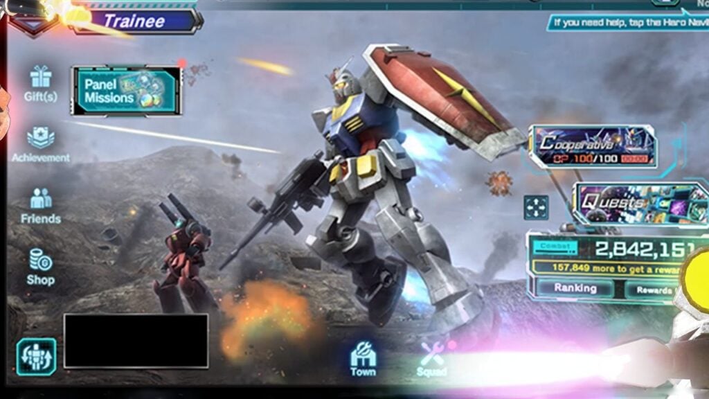 Feature image for our Mobile Suit Gundam UC Engage tier list. It shows an in-game screen of a large humanoid robot flying through the air.