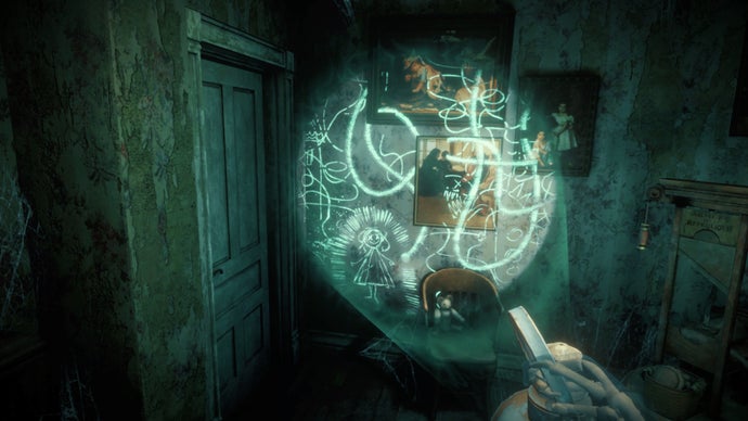 A screenshot of The 7th Guest VR showing the player holding a magic lantern aloft. Where its beam hits the wall, secret scribbles are revealed.