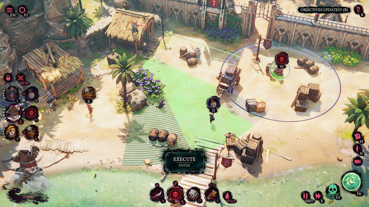 Several members of the pirate crew in Shadow Gambit: The Cursed Crew sneak along a beach in order to execute enemy soldiers