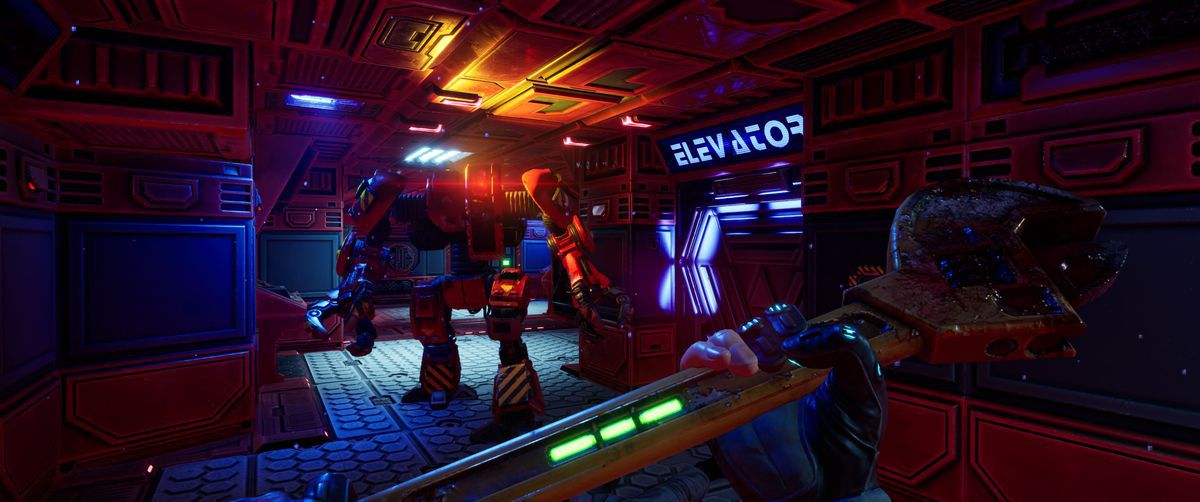 The player wields a sledgehammer as an enemy robot spots the protagonist in a dimly lit neon corridor in the System Shock remake