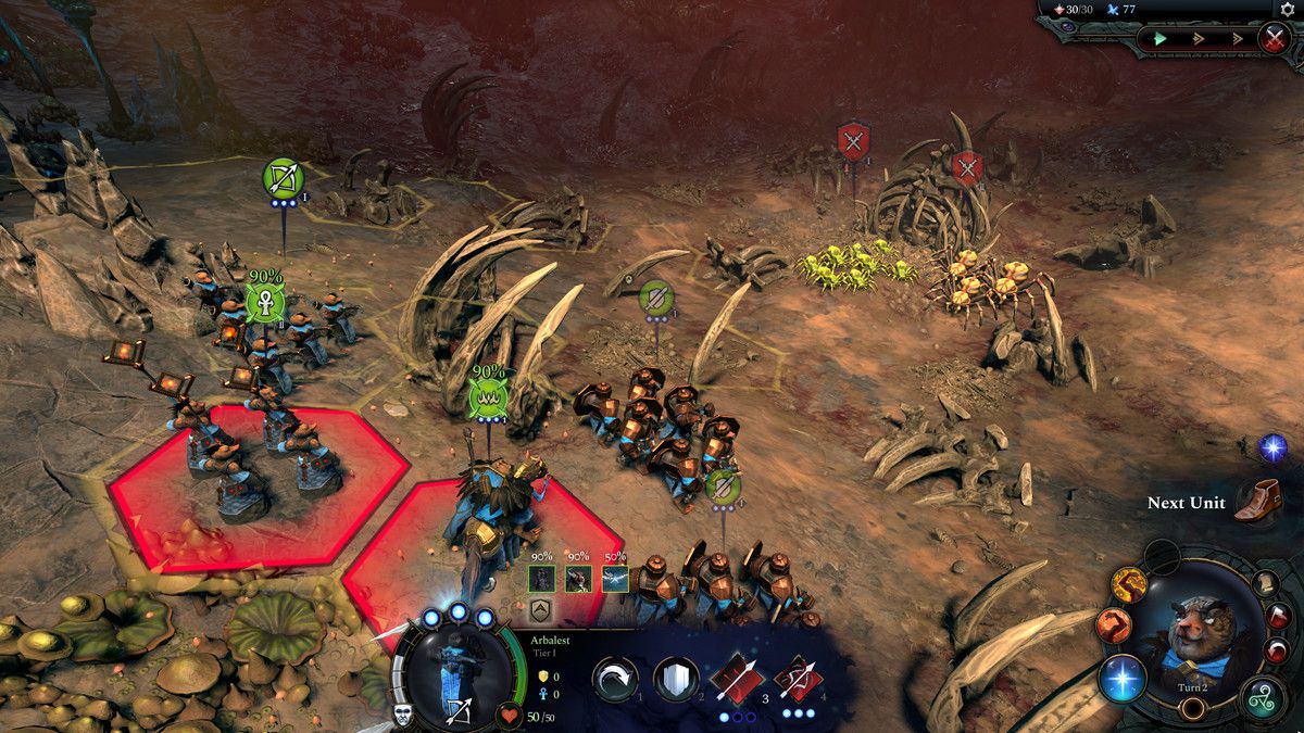 Several squads of mole people square off against a horde of poisonous spiders in Age of Wonders 4