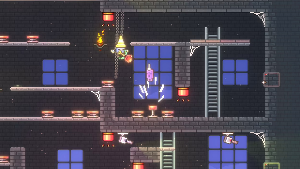 One of the agents in Mr. Sun’s Hatbox navigates a 2D platforming level full of ladders, buttons, and long chains to ride