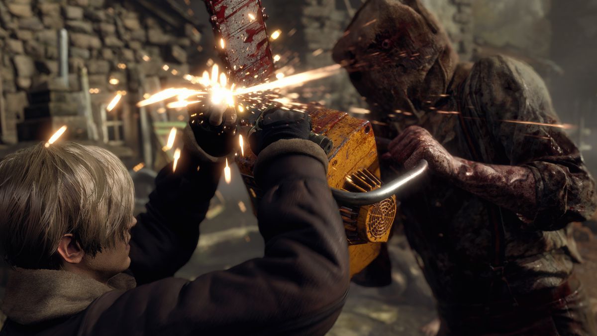 Leon Kennedy parries a chainsaw in the Resident Evil 4 remake