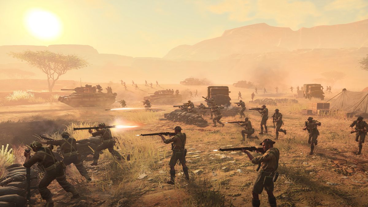 British soldiers and tanks advance across the African desert in Company of Heroes 3