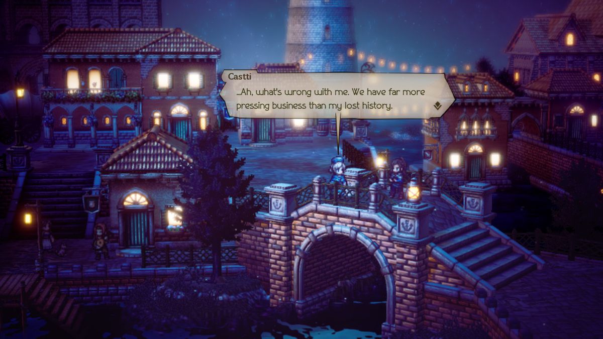 Castii stands on a bridge in a town at night in Octopath Traveler 2