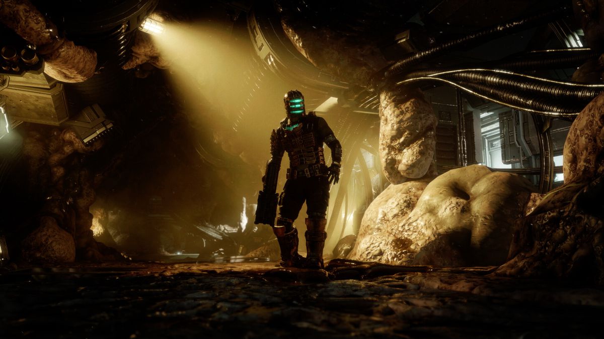 The Dead Space remake protagonist is suited up, standing inside a claustrophobic area.