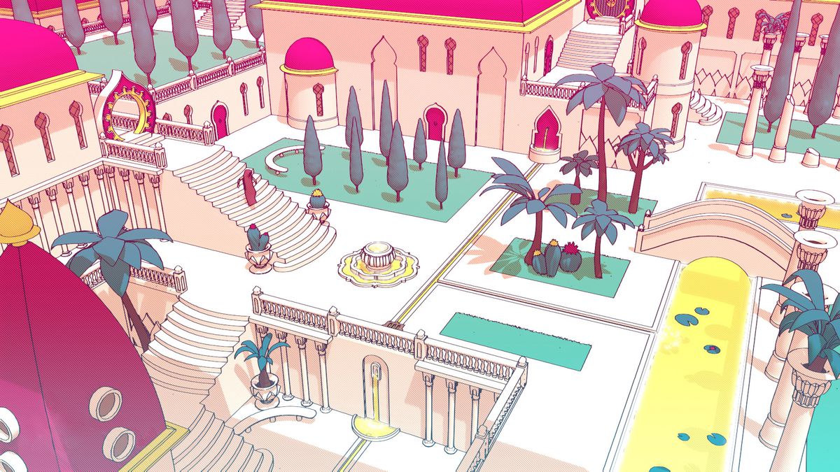 An isometric view of a courtyard in the Tower in Chants of Sennaar