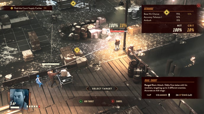 A screenshot of The Lamplighters League showing an agent lining up a shot during turn-based combat as enemies gather on a moonlit city dock.