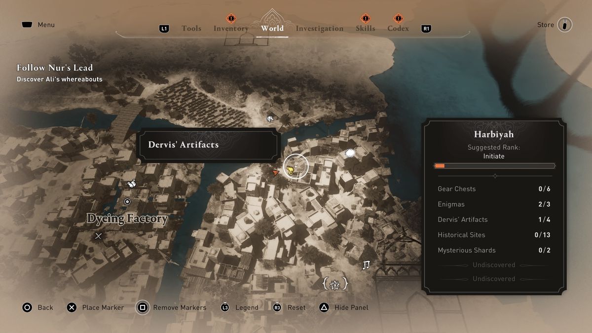 A map shows the location of a Dervis Artifact in AC Mirage.