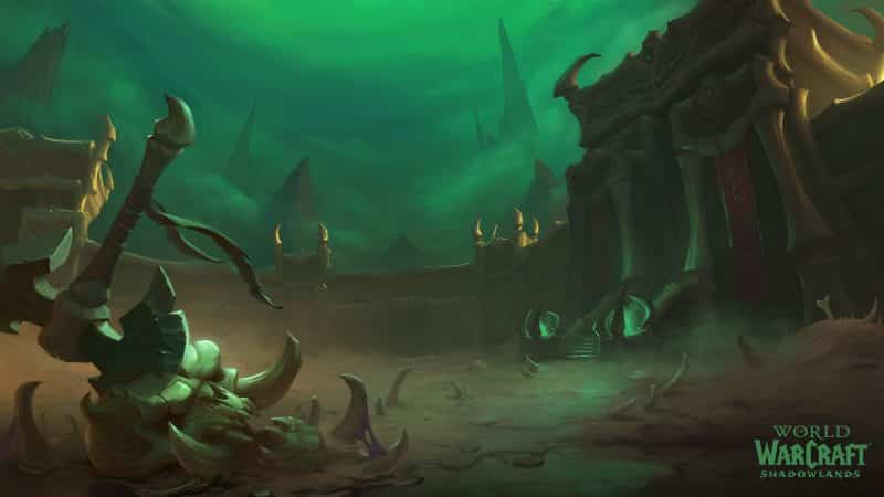 A picture from World of Warcraft showing the Plaguefall dungeon, a temple with bone-like architecture with a dark green sky above it and a green mist covering the land
