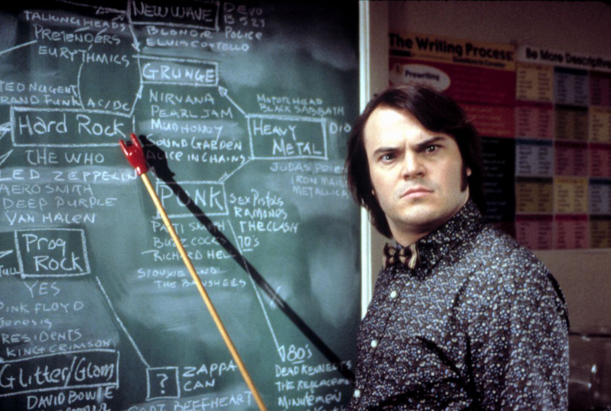 Jack Black gives the camera a super srs cocked-eyebrow look as he stands at a chalkboard and aims a pointer at a breakdown of rock music styles and subgenres in Richard Linklater’s 2003 movie School of Rock