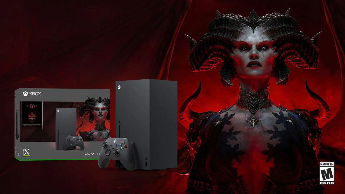 A graphic composed of Diablo 4 art with an Xbox Series X console next to its box in the foreground.