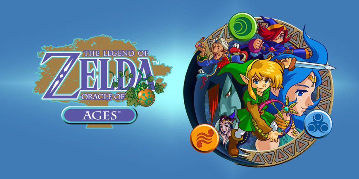 Nintendo promo art for The Legend of Zelda: Oracle of Ages, showing Link with a harp with other characters in the background