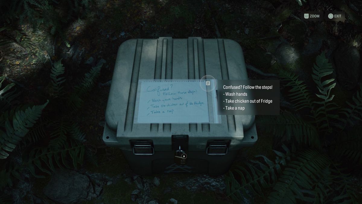 A Cult Stash sitting in the woods of Cauldron Lake in Alan Wake 2