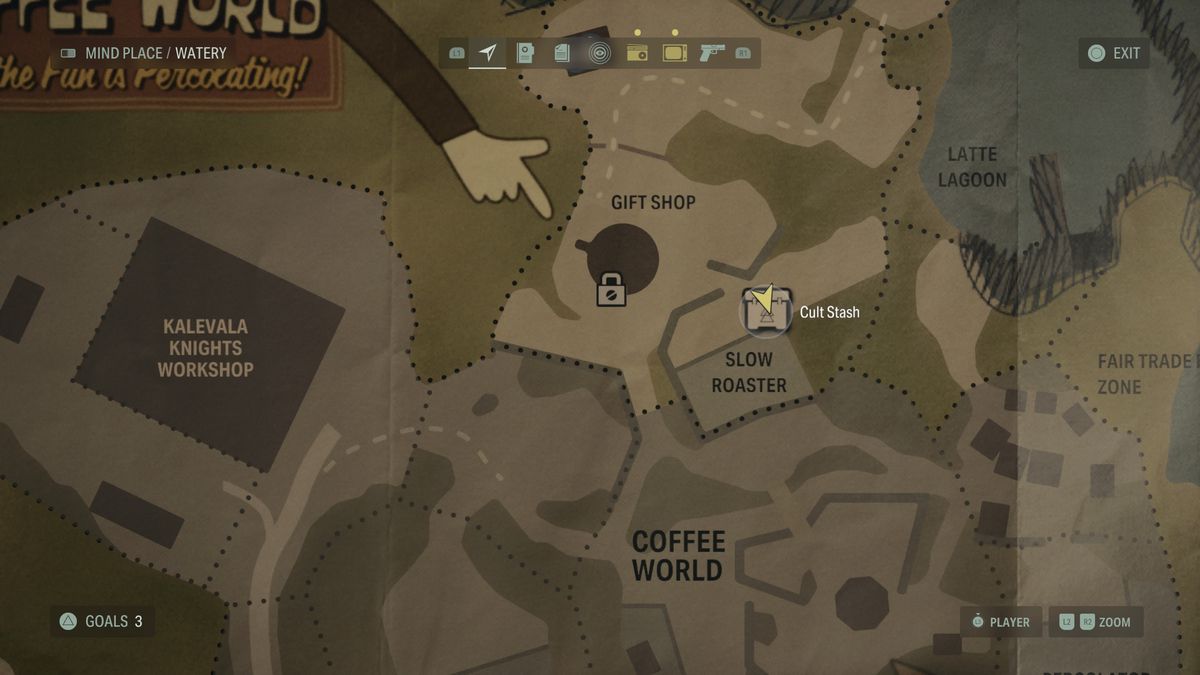A map of Watery showing the location of a Cult Stash in Alan Wake 2