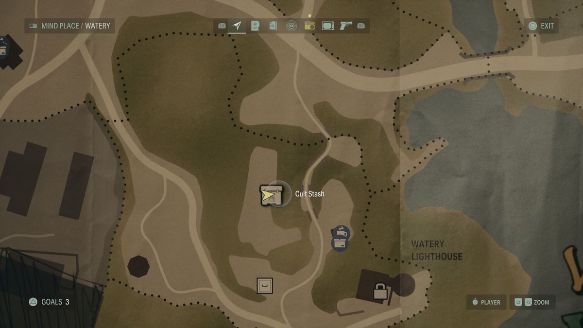 A map of Watery in Alan Wake 2 showing the location of the Cult Stash