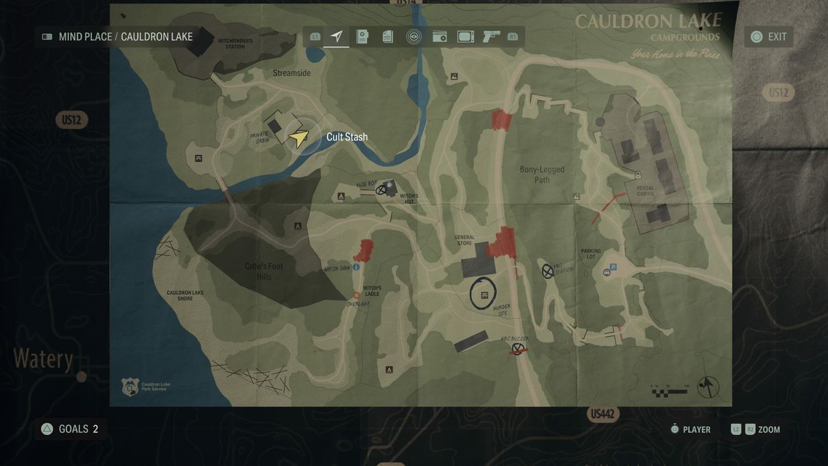 A map of Cauldron Lake showing the location of a Cult Stash