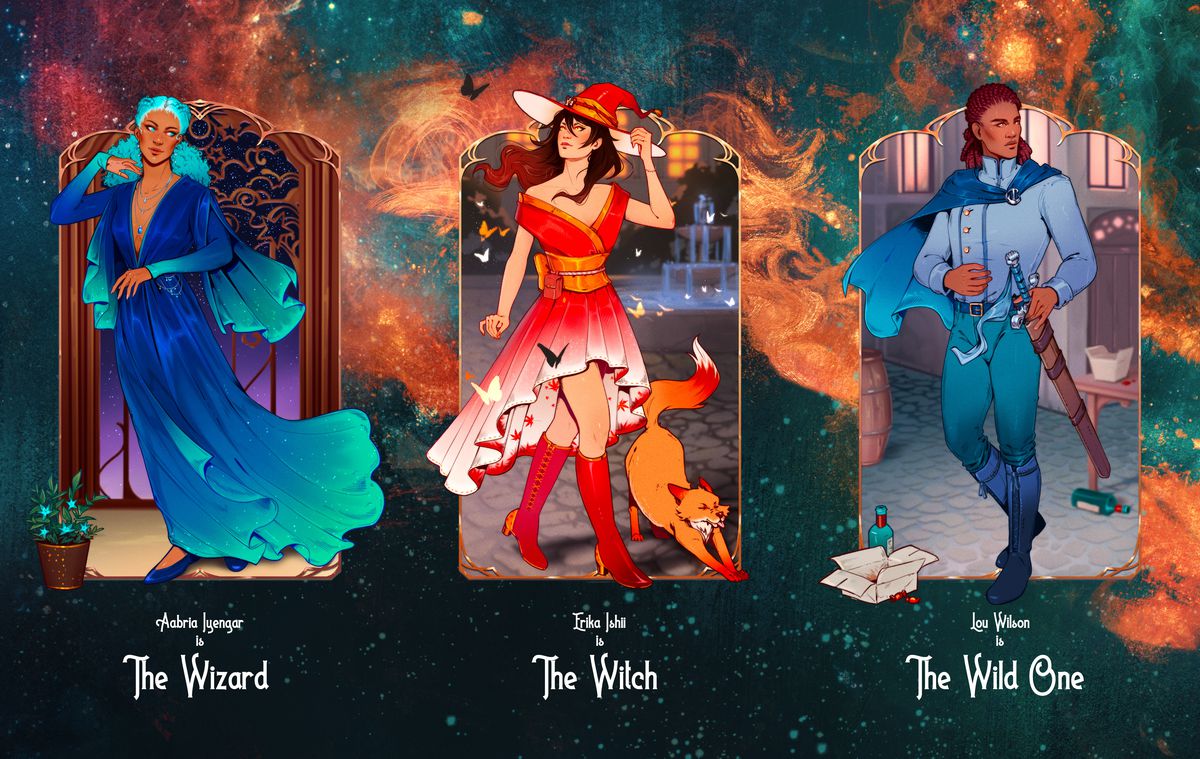 A triptych showing all three characters from The Wizard, The Witch, and the Wild one.