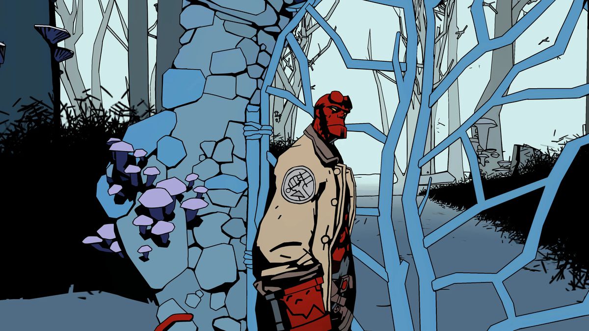 Hellboy standing in a forest in Hellboy Web of Wyrd.